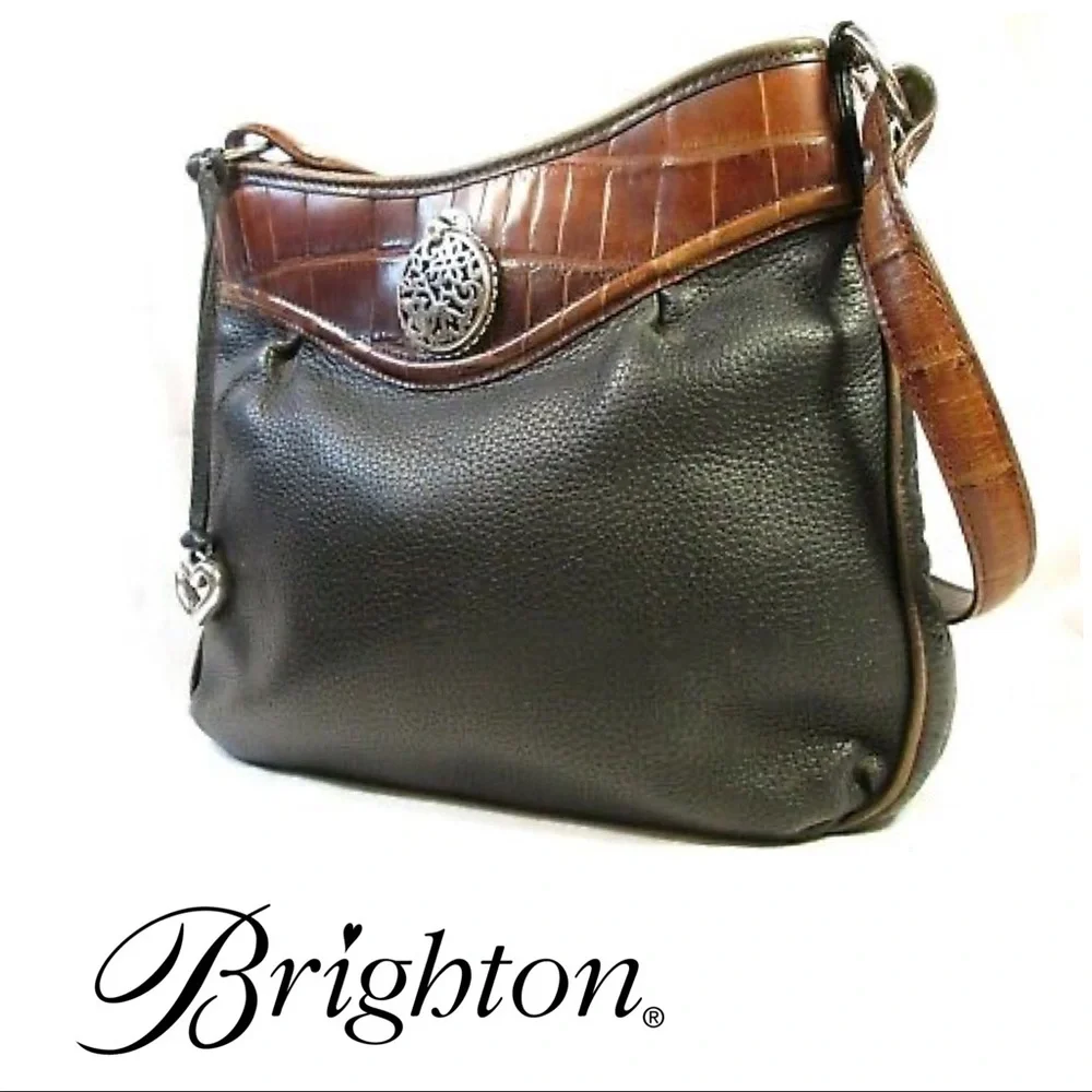 BEAUTIFUL BRIGHTON classic Bag Black Leather Brown Croc Peyton Style Vintage - Picture 1 of 8